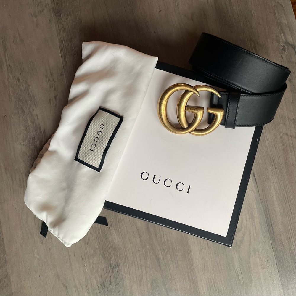 Gucci GG Marmont thin Leather Belt with Gold Buckle